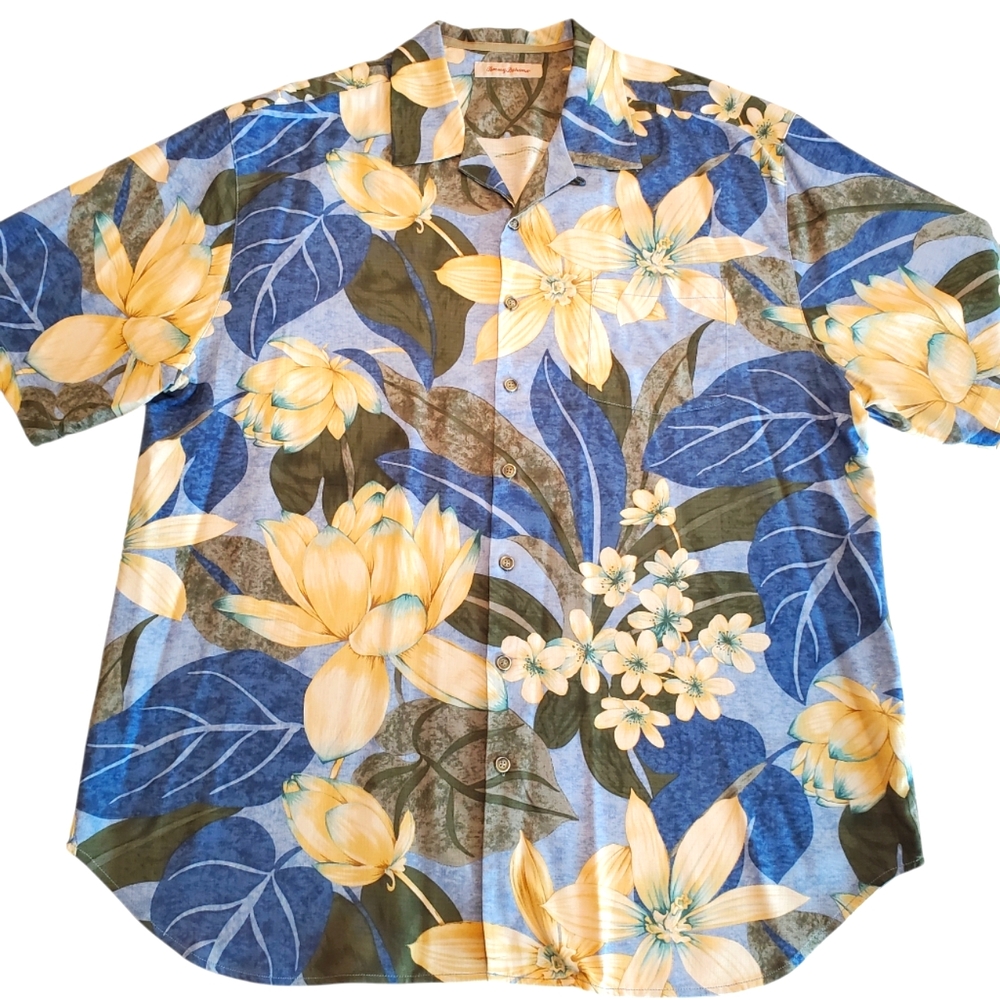 Tommy Bahama Men's Shirt Hawaiian 100% Silk Camp Blue Green Floral Copyright 2XT